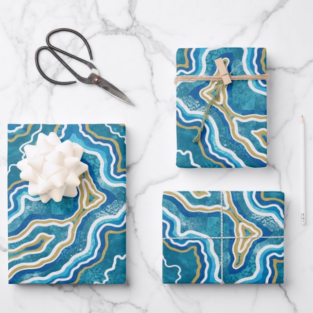 Blue Gold Graphic Agate Wrapping Paper Sheet (Front)