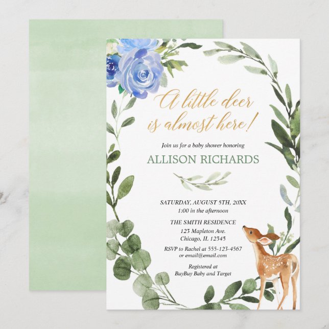 Blue gold greenery little deer boy baby shower invitation (Front/Back)