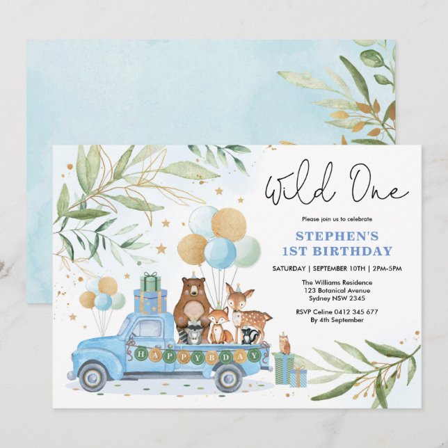 Blue Gold Greenery Woodland Wild One 1st Birthday Invitation (Front/Back)