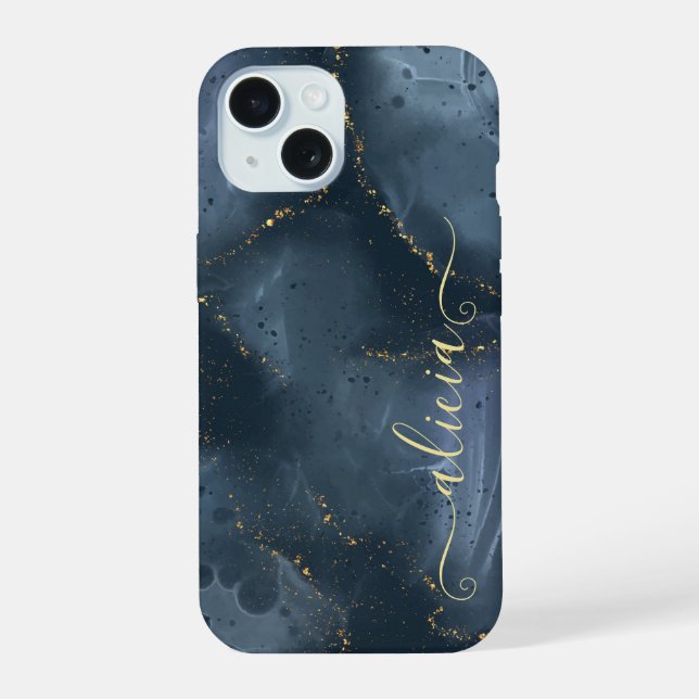 Blue Gold Handpainted Alcohol Ink iPhone 15 Case (Back)