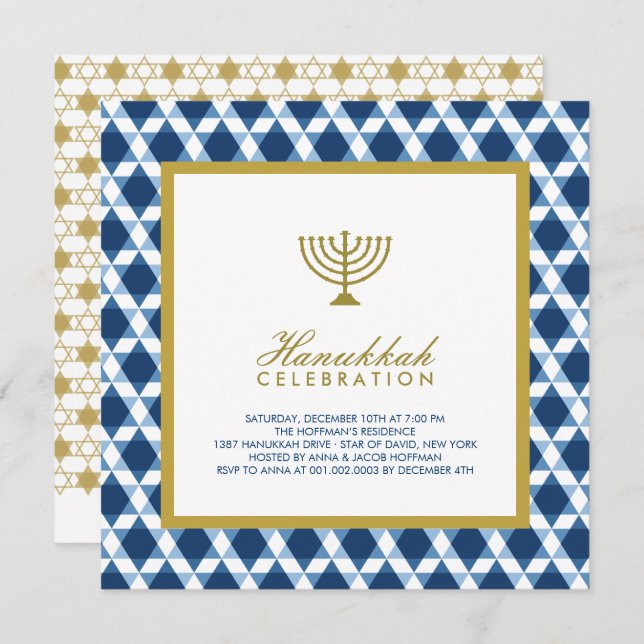 Blue Gold Hanukkah Star Of David Menorah Party Invitation (Front/Back)