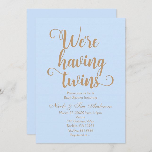 Blue & Gold Having Twins Baby Shower Invitations (Front/Back)