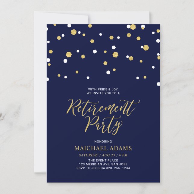 Blue & Gold | Hexagon Confetti Retirement Party Invitation (Front)
