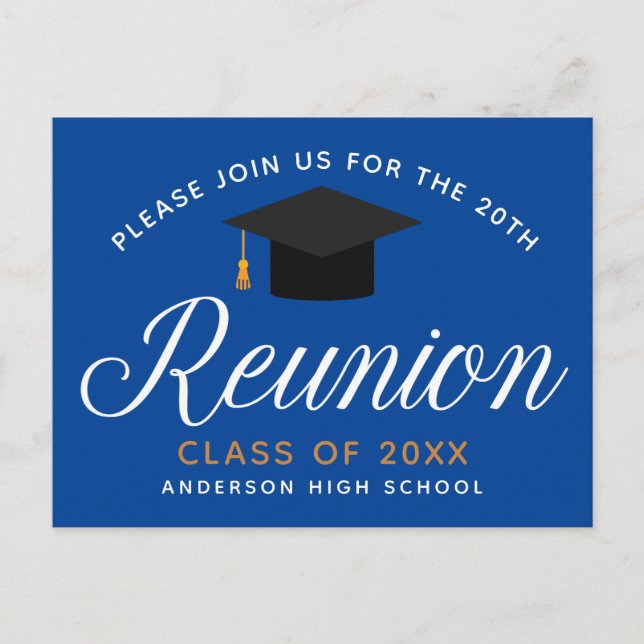 Blue Gold High School Reunion Custom Party Invitat Postcard (Front)