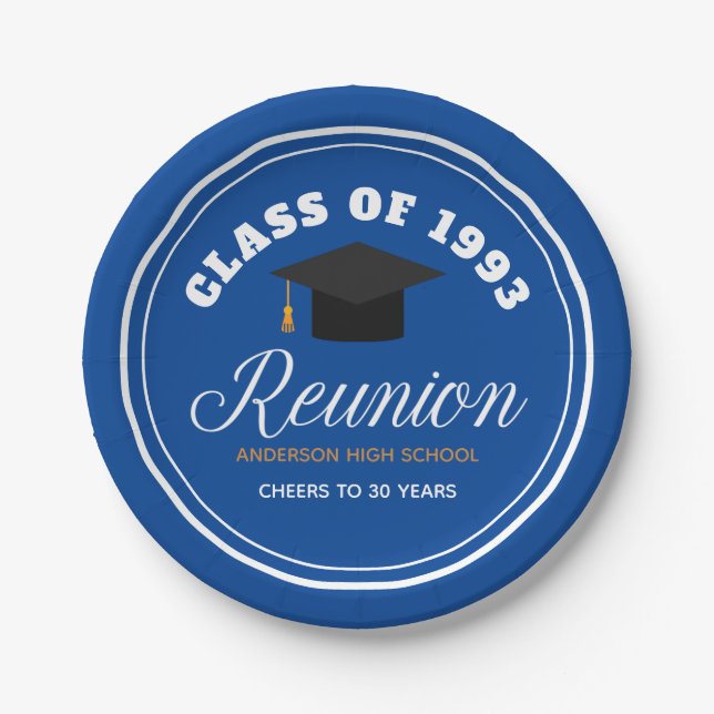 Blue Gold High School Reunion Personalized Party Paper Plate (Front)