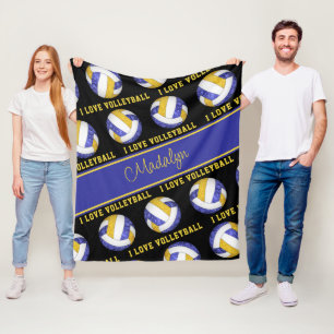 blue gold I love volleyball girly personalized Fleece Blanket