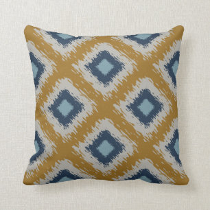 Blue Gold Ikat Pattern Tribal Diamond Editable Throw Pillow