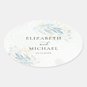 Blue Gold(imitation) Watercolor Wedding Collection Oval Sticker
