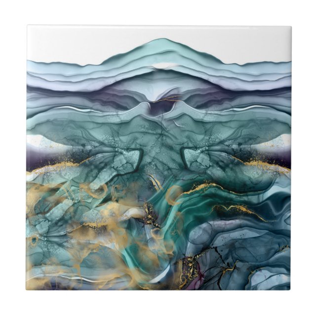 Blue gold ink abstract tile (Front)