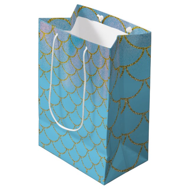 Blue & Gold Iridescent Shimmer Mermaid Party Medium Gift Bag (Front Angled)