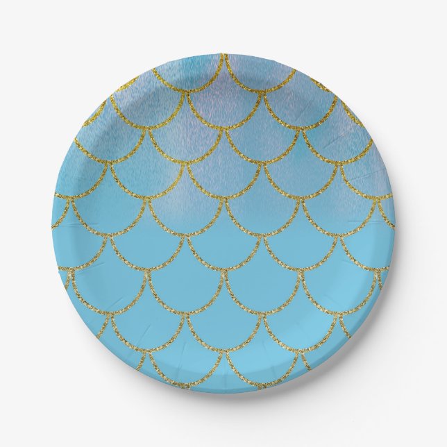 Blue & Gold Iridescent Shimmer Mermaid Party Paper Plate (Front)