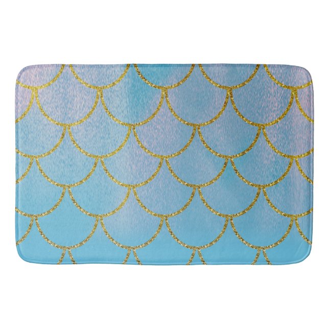 Blue & Gold Iridescent Shimmer Mermaid Scales Bath Mat (Front)