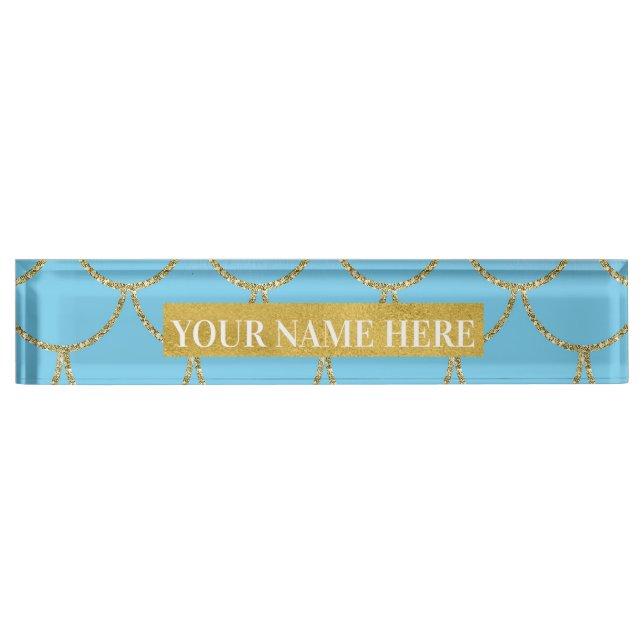 Blue & Gold Iridescent Shimmer Mermaid Scales Nameplate (Front)