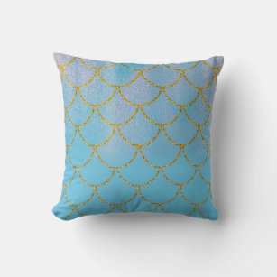 Blue & Gold Iridescent Shimmer Mermaid Scales Throw Pillow