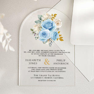 Blue Gold Ivory Floral Roses Wedding Acrylic Invitations