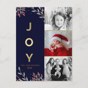 Blue & Gold JOY 3 Three Photo Holiday Christmas