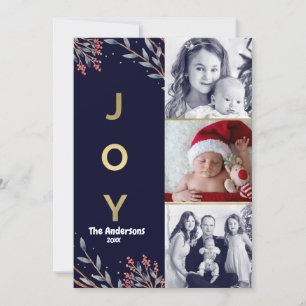 Blue & Gold JOY 3 Three Photo Holiday Christmas Card