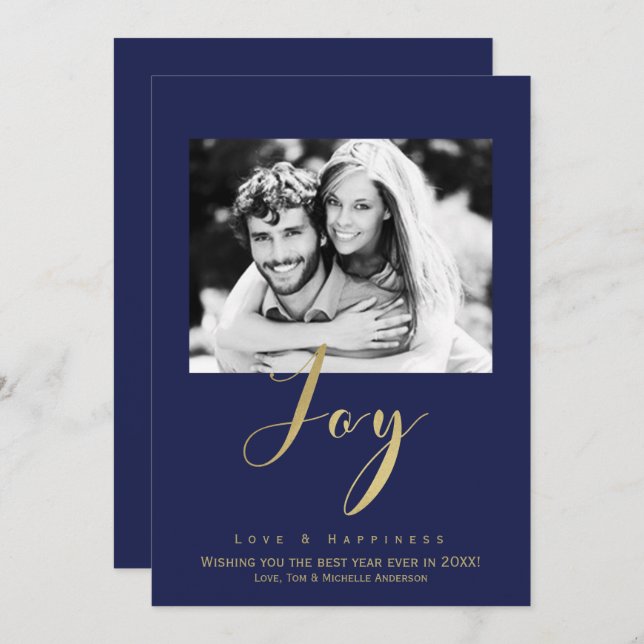 Blue & Gold JOY Holiday New Years Photo Invitation (Front/Back)