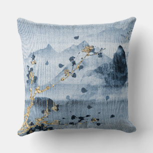 Blue Gold Landscape Fabric Textured Pillow