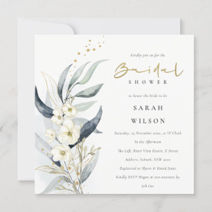 Blue Gold Leafy Botanical Floral Bridal Shower Invitation