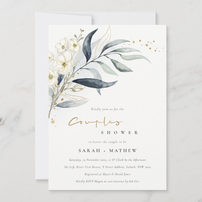 Blue Gold Leafy Botanical Floral Couples Shower Invitation (Front)