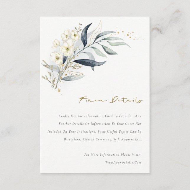 Blue Gold Leafy Botanical Floral Wedding Details Enclosure Card (Front)