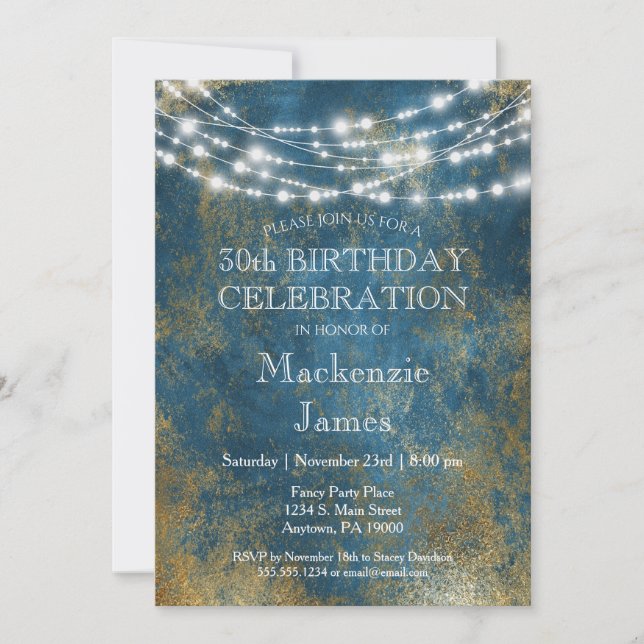 Blue Gold Lights Anniversaire Fête Invitation Adul (Devant)