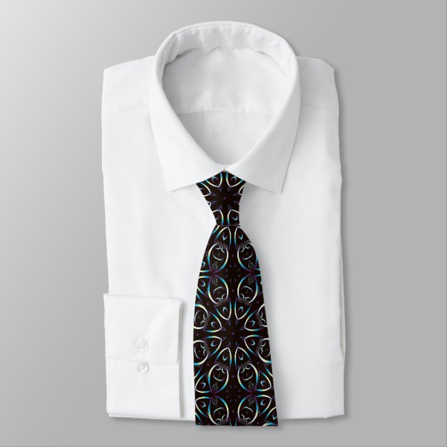 Blue Gold Lilac Glow Mandala Pattern Tie (Tied)