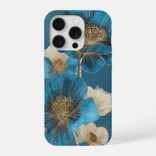 Blue Gold Line Art Poppy Botanical Floral iPhone 15 Pro Case
