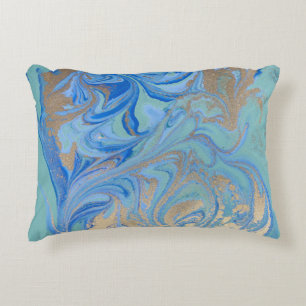 Blue Gold Liquid Watercolor Texture Accent Pillow