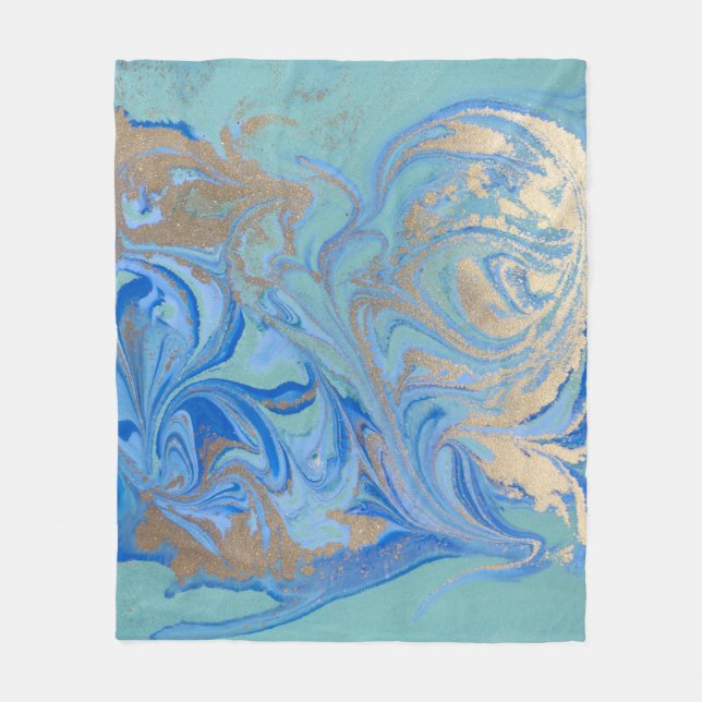 Blue Gold Liquid Watercolor Texture Fleece Blanket (Front)