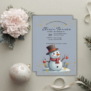 Blue & Gold Little Snowflakes Snowman Baby Shower Invitation