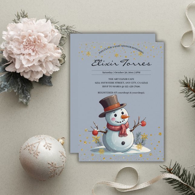 Blue & Gold Little Snowflakes Snowman Baby Shower Invitation (Creator Uploaded)