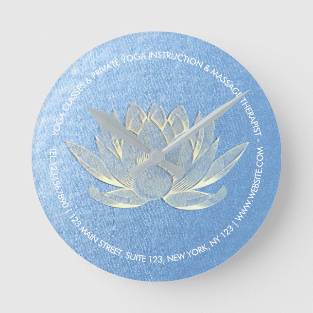 Blue Gold Lotus Yoga Studio Meditation Instructor Round Clock (Front)