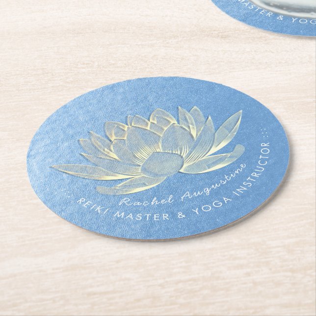 Blue Gold Lotus Yoga Studio Meditation Instructor Round Paper Coaster (Angled)