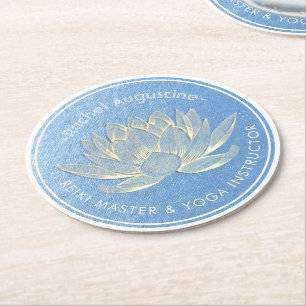 Blue Gold Lotus Yoga Studio Meditation Instructor Round Paper Coaster