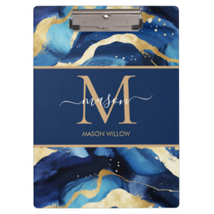Blue Gold Mable Modern Monogram Script Name Clip Clipboard