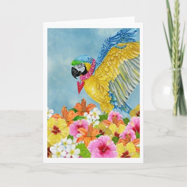 Blue & Gold Macaw Watercolour Blank Greeting Card (Front)