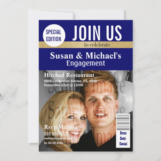 Blue Gold magazine engagement Invitation (Front)