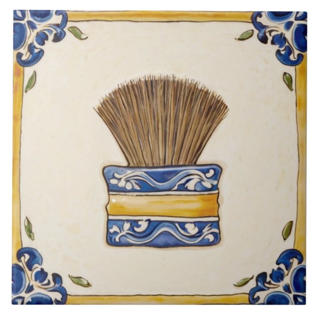 Blue & Gold Makeup Brush or Shaving Brush Bathroom Tile (Front)