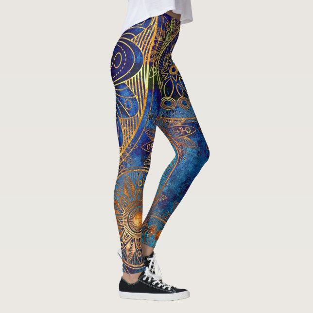 Blue Gold Mandala Celestial Steampunk Pattern Leggings (Right)