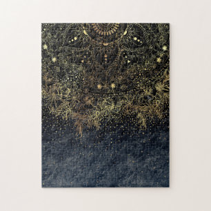 Blue Gold Mandala Floral Jigsaw Puzzle