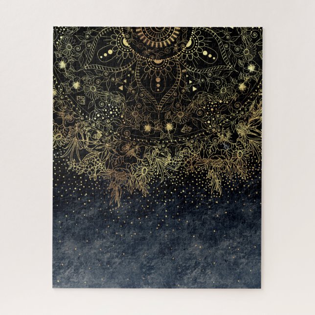 Blue Gold Mandala Floral Jigsaw Puzzle (Vertical)