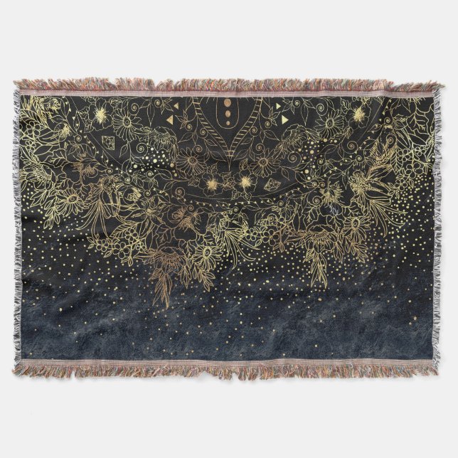 Blue Gold Mandala Floral Throw Blanket (Front)
