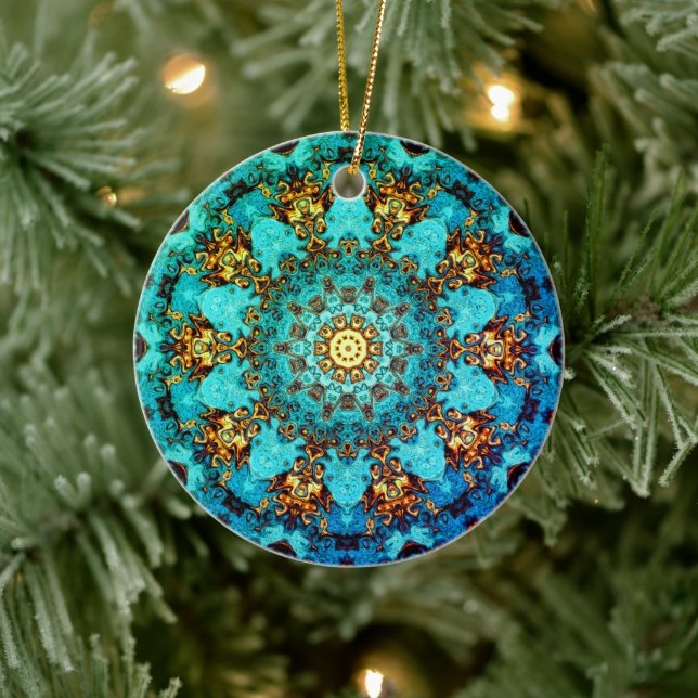 Blue & gold mandala-like pattern ceramic ornament (Tree)