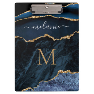 Blue Gold Marble Clipboard Custom Name and Letter