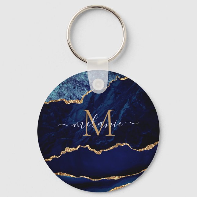 Blue Gold Marble Custom Letter Name Keychain (Front)