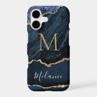 Blue Gold Marble Custom Name Letter iPhone Case