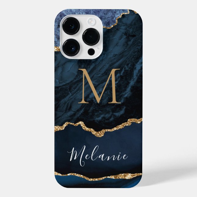 Blue Gold Marble Custom Name Letter iPhone Case (Back)