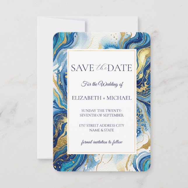 Blue Gold Marble  Elegant Wedding Save the Date (Devant)